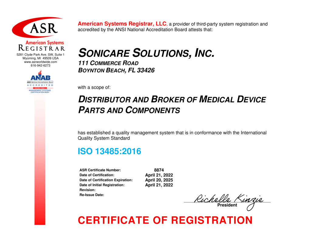 Sonicare Solutions ISO 13485 Certificate Apr 2022signed
